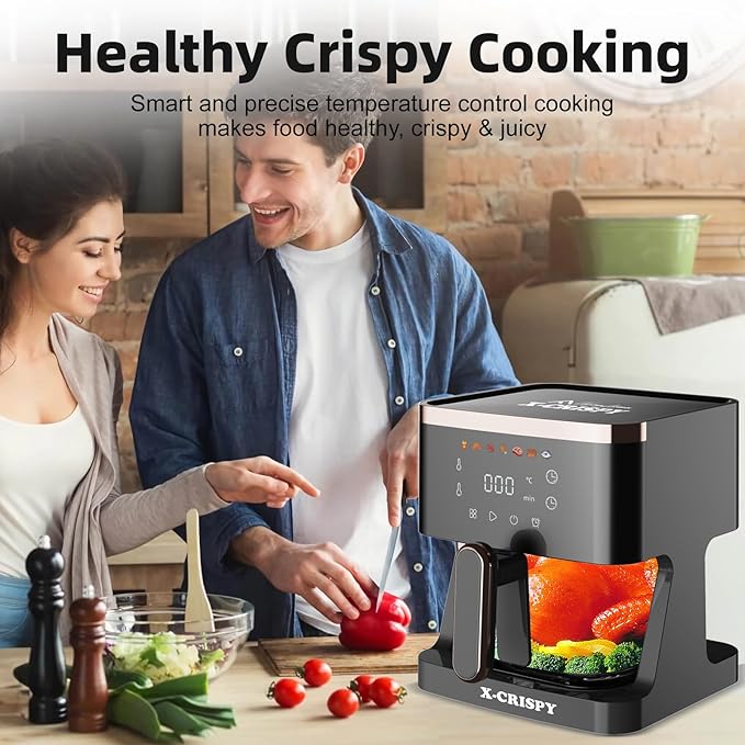 APSARAS USA Air Fryer Glass, 5.2QT Convection Oven Glass Air Fryer Non Toxic, Transparent Fry Bowl | Cook Shrimp, Steak, Fries, Wings, Chicken & More | Precise Temperature Control & Time
