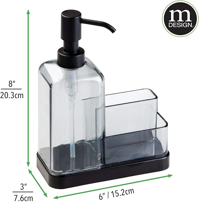 mDesign Soap Dispenser Pump with Sponge and Scrubber Organizer for Kitchen Countertops - Graphite/Matte Black