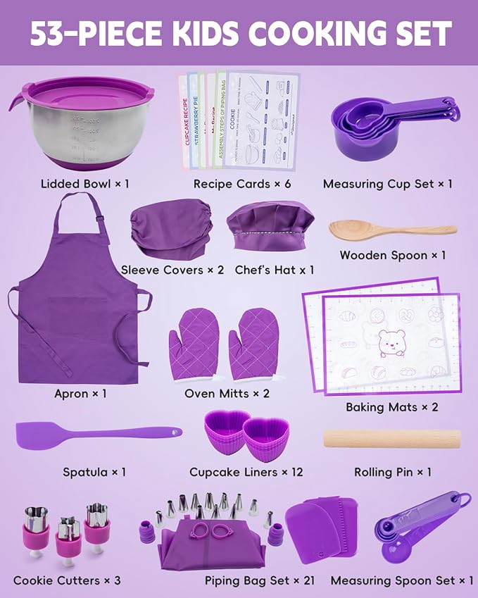 Kids Baking Set–Real Cooking Set for Kids with Kids Cooking Utensils & Kitchen Accessories, Measuring Tools & Baking Supplies,Great Gift for Pretend Play & Montessori Learning (Purple)