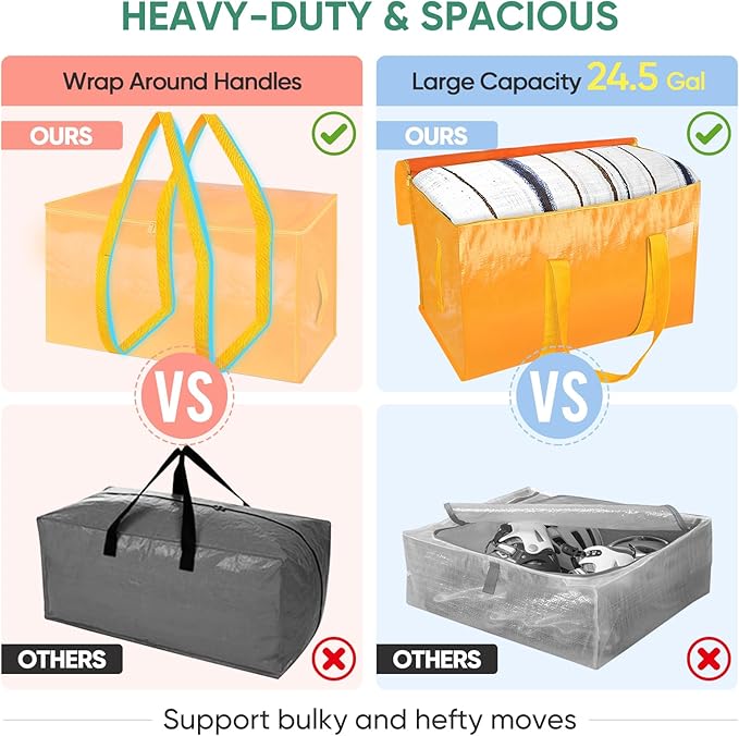 BALEINE 8-Pack Oversized Moving Bags with Reinforced Handles, Heavy-Duty Storage Tote for Clothes, Moving Supplies (Light Yellow, 8-Pack)