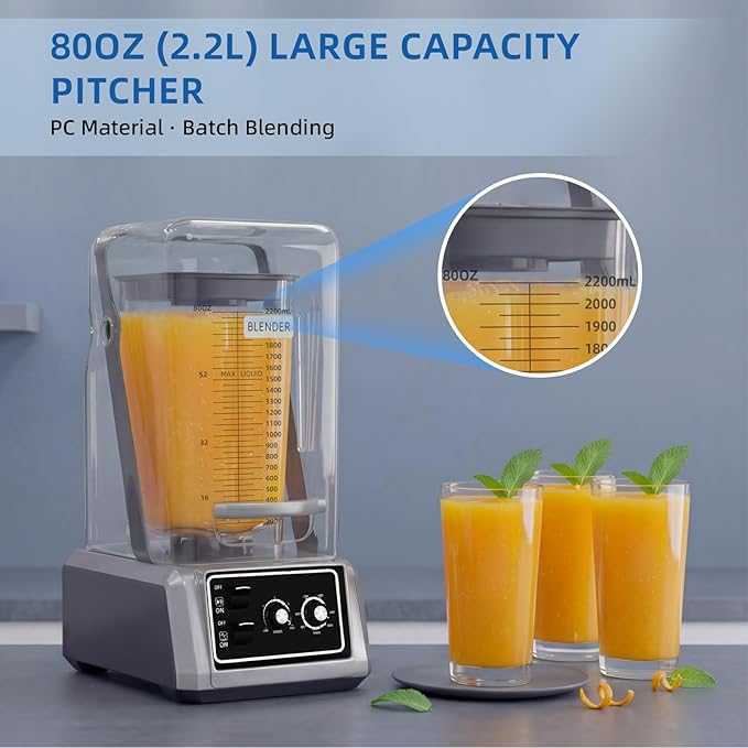 BLEOU Commercial Quiet Shield Blender, 2200W Professional Smoothie Blender with Timer & 15-Speed Control, 80oz/2.2L BPA-Free Pitcher for Cafes, Bars and Home Use