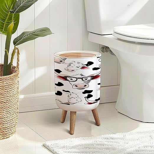 Trash Can with Lid Seamless Pattern Funny White Cow Pretty Cow Bow Press Cover Round Small Garbage Bin with Wooden Legs Waste Basket for Kitchen Bedroom Nursery 7L/1.8 Gallon