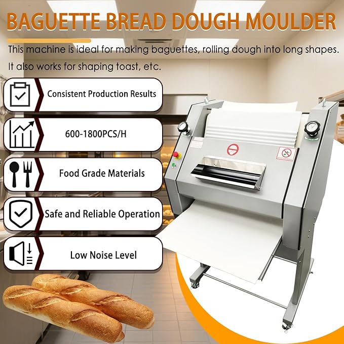 Commercial Baguette Shaper Machine 50g-1200g Adjustable Dough Roller for French Bread, 1800pcs/hr High-Capacity Bread Molder with Wool Belt, Bakery Equipment 110V