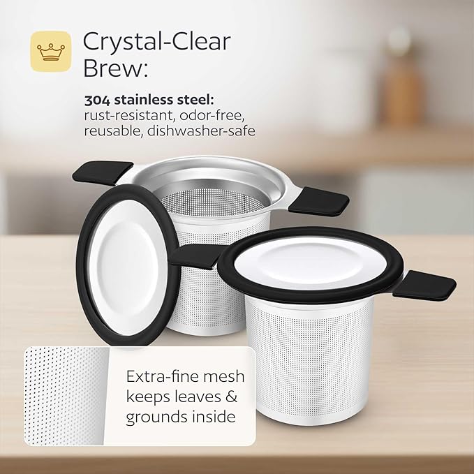Stainless Steel Tea Infuser for Loose Leaf Tea – Extra Fine Mesh Strainer with Heat Proof Double Handles & Lid, Reusable Filter Fits Mugs, Cups & Teapots, Black