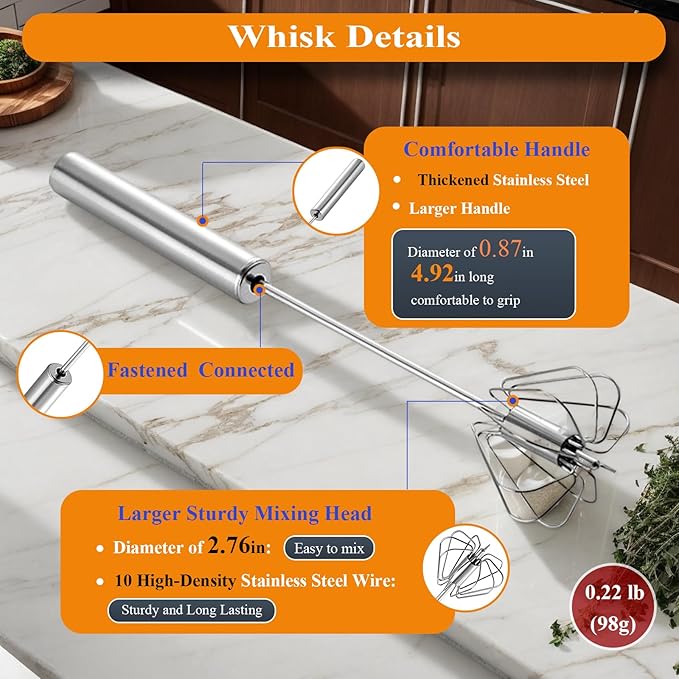 Stainless Steel Semi Automatic Whisk Egg Beater Whizzy Whisk, Hand Push Blender Kitchen Mixer Wisking Tool for Blending Cooking Gadgets(12in)