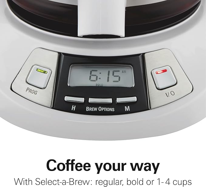 Hamilton Beach 12 Cup Programmable Drip Coffee Maker Machine, Regular & Bold Brew Options, Auto Pause and Pour, Glass Carafe, White (46294J)