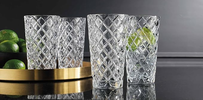 Glaver's Drinking Glasses Set of 4. Tall Highball Glasses. 14oz. Textured Diamond Cut Elegant Drinking Glass Cups- Kitchen Glassware for Water, Iced Tea, Juice, Cocktail.