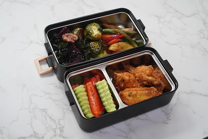 gimmiebox premium stainless steel bento box lunch box with compartments for adults, spoon and fork, leak-proof, easy side locks (Black)