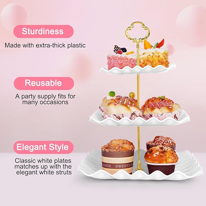 5 Pcs Dessert Table Display Set - 2 Pcs 3-Tier Dessert Display Stands & 3 Pcs Serving Tray - Dessert Trays Dessert Stands Treat Table Displays Set for Tea Parties,Birthdays & Baby Showers