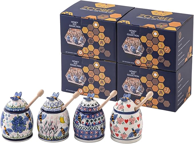 ZOOBEE 10oz Ceramic Honey Pot with Dipper and Lid, Handpainted Honey Dispenser with Bee-Themed, Dishwasher-safe Honey Jar for Kitchen-Lavender Allure