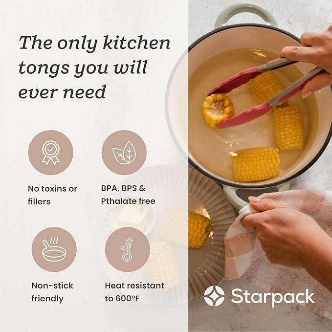 Starpack 'Get a Grip' Silicone Kitchen Tongs for Cooking 9 Inch - BBQ Silicone Tongs for Grill Heat Resistant to 600°F - Stainless Steel Utensils with Non Stick Rubber Tips for Serving Food