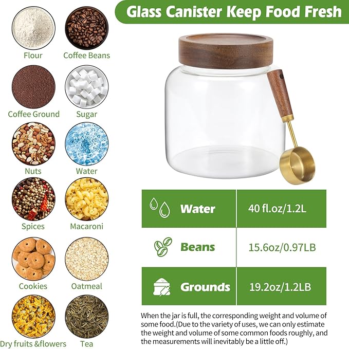 Glass Food Storage Jar with Lids Spoon Thicken Glass Coffee Canister Borosilicate Glass Food Containers for Ground Coffee Beans Nut Pasta Sugar Candy Spice Rice Loose Tea (1200ml(40oz) B)