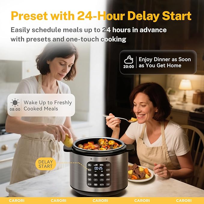 CARORI 9-in-1 Electric Pressure Cooker, 1000W Instant Multi-Cooker with IMD Touchscreen, Olla de Presion, Non-Stick Pot, Rice Cook, Slow Cook, Steamer, Sauté, Warmer, Safe Venting, Silver 8 Qt