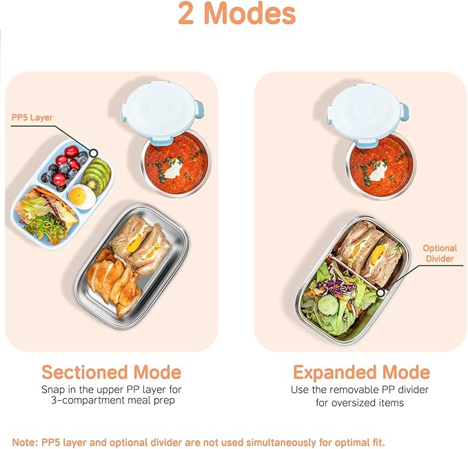 18/8 Stainless Steel Bento Box, Bento Lunch Box with Soup Bowl for Kids and Adults, Food Containers with Bag for Office or School, Blue