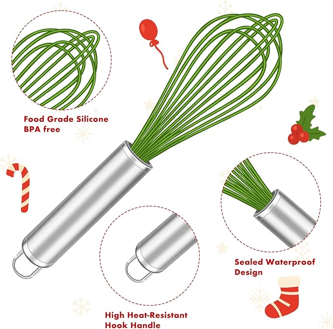 Christmas Whisk Set – 3 Sizes (12”, 10”, 8”) – Holiday Red, Green & White Stainless Steel Whisks for Baking, Cooking & Mixing, Christmas Gift for Bakers & Home Chefs