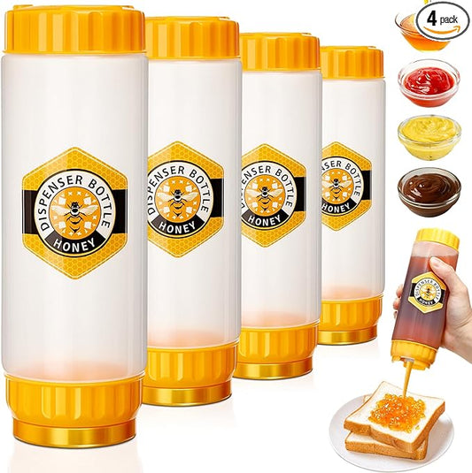 SiliFine 4 Pcs Honey Dispenser No-drip with Lid, Honey & Syrup Squeeze Bottle, Refillable Condiment Bottle Bpa-free, More Hygienic for Sauces Ketchup Kitchen Pancakes Salad Dressings (18 oz)