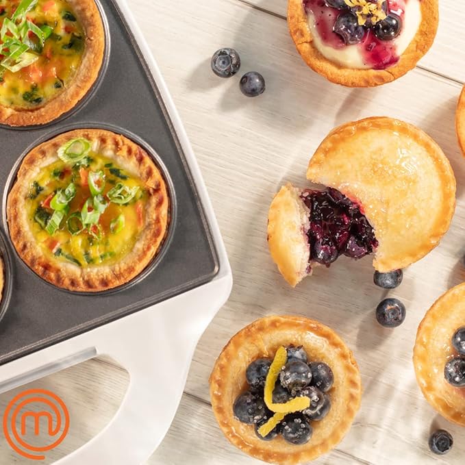 MasterChef Mini Pie & Quiche Maker- Baker Cooks 6 Small Pies or Quiches in Minutes- Non-stick Cooker w Dough Cutting Circle for Easy Measurement & Filling, Must Have Machine for Desserts & Appetizers