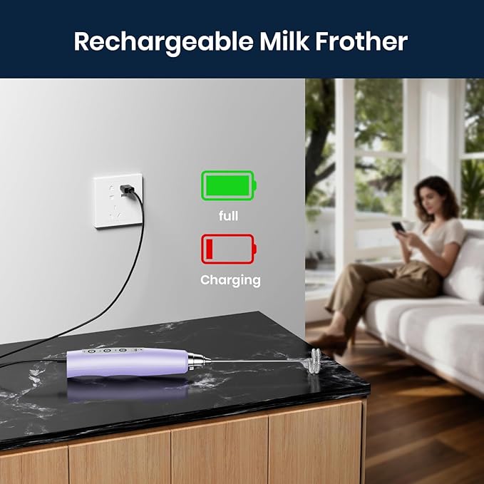 Sakgos Milk Frother Handheld Rechargeable - Electric Whisk 3 Speed Adjustable, Coffee Frother Wand with 3 Stainless Whisks, Electric Foam Maker, Drink Mixer Blender for Latte Cappuccino Matcha Egg