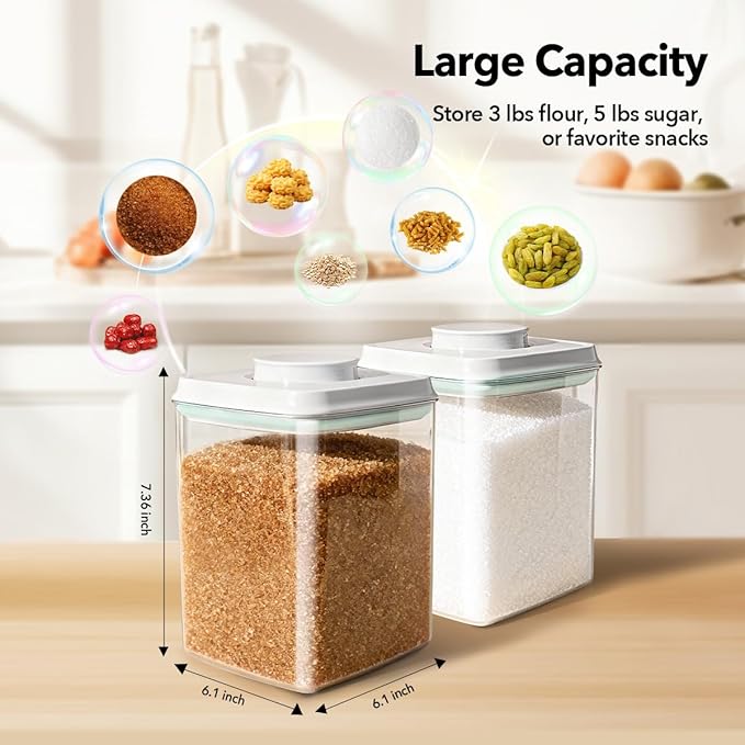 Food Storage Container Set 2.8 Qt ×2 with Lids, Airtight Pantry Canisters, BPA-Free Plastic Flour Sugar Storage Containers, One-Touch Press-to-Open Lids, Stackable Clear Jars for Rice, Cereal, Coffee