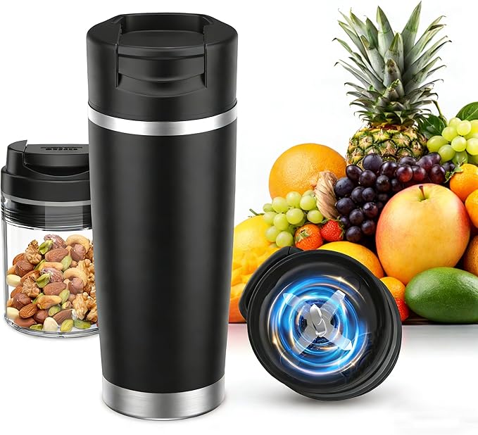 Portable Personal Blender 20oz Vacuum Cup Cordless Blende for 120 Watt Rechargeable Personal Size blender With Stainless Steel Bottle Ideal For-Shakes and Smoothies, BPA Free (Black）