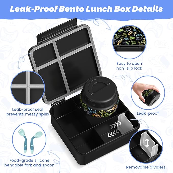 Kids Bento Lunch Box with Thermos, Leakproof Toddler Bento Box with 9 OZ Insulated Food Jar, Lunch Bag & Utensils 3 or 4 Compartment Container for School Girls Boys