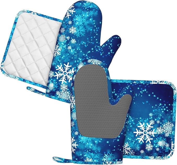 Oven Mitts and Pot Holders Blue Snowflake Winter Christmas Silicone Kitchen Accessories Set of 4 Heat Resistant Long Gloves Potholder Non-Slip Grip for Chef Cooking Baking Grilling BBQ