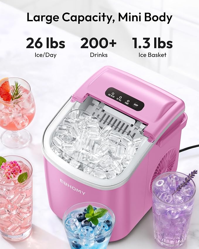 EUHOMY Countertop Ice Maker Machine with Handle, 26lbs in 24Hrs, 9 Ice Cubes Ready in 6 Mins, Auto-Cleaning Portable Ice Maker with Basket and Scoop, for Home/Kitchen/Camping/RV. (Pink)
