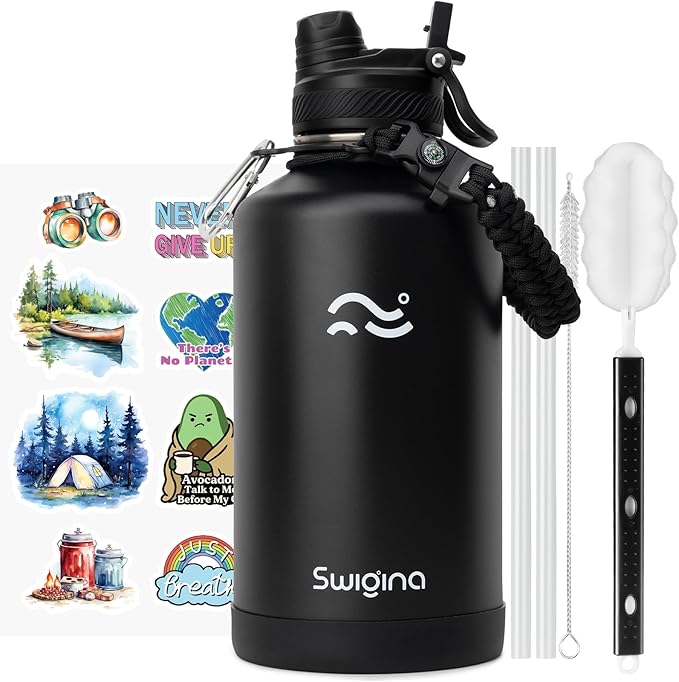 Swigina [2-IN-1 LID] 64 oz Insulated Water Bottle with Silicone Boot (48hrs Cold/24hrs Hot) - DIY Stickers, Leakproof, BPA Free, Half Gallon