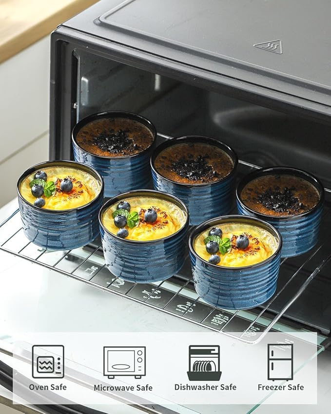 glowworm 8 oz Ramekins Set of 6, Ramekins Set of 6 for Creme Brulee Souffle, Porcelain Custard Cups for Baking, Oven, Microwave, Dishwasher Safe, Blue