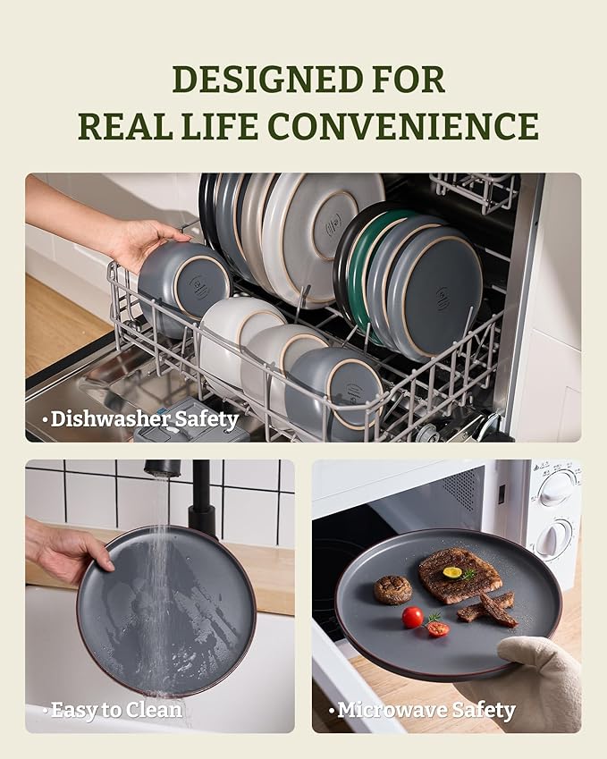 Famiware Mercury Dinnerware Sets with Mugs, Service for 4 (16 Pieces), Plates and Bowls Sets, Microwave and Dishwasher Safe Dishes Set, Charcoal
