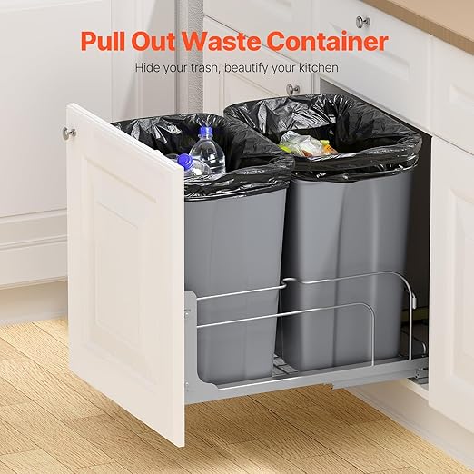 VEVOR Pull-Out Trash Can, 35 QT x2 Double Under Mount Kitchen Waste Container, Heavy Duty Garbage Recycling Bin with Door Kit and Soft Close Slide, for Kitchen Cabinet, Sink, Under Counter (Grey)