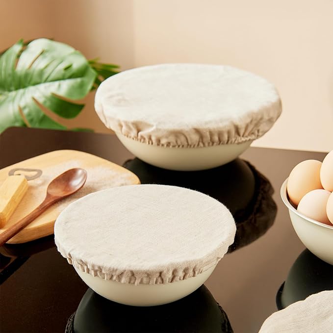 100% Pure Linen Bowl Covers For Bread Proofing, 2 Pcs 8 Inches Elastic Reusable Solid Color Cloth Fabric Bowl Covers,Small Organic Washable Large Stretch Sourdough Lids, Linen