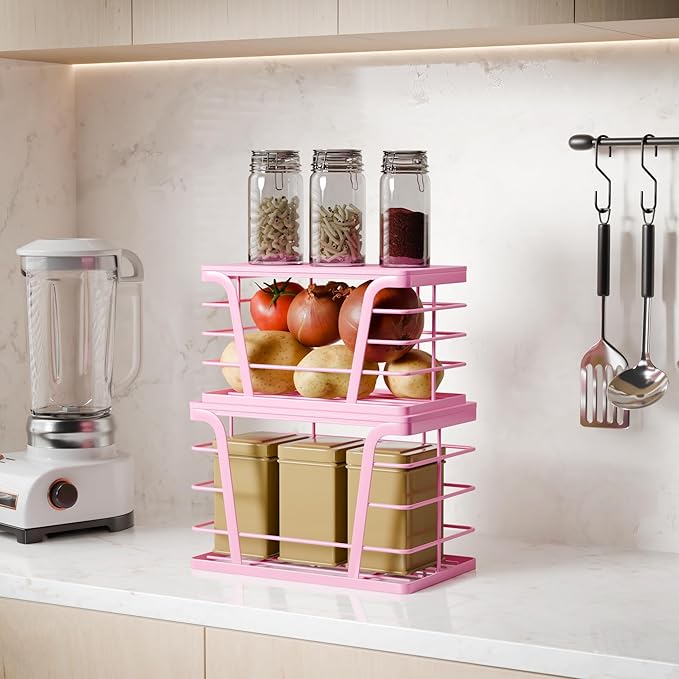 2 Pack Pink Trash Bag Holder - Stackable Garbage Bag Dispenser with Bamboo Top, Kitchen Accessories & Decor, Wall Mount Storage for Kitchen, Home, Bathroom Decor & Gifts