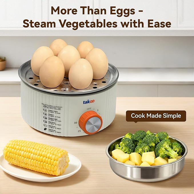 TAKOO 3-in-1 Electric Egg Cooker for Hard Boiled Eggs Poacher, Omelet Maker & Vegetable Steamer, Holds 14