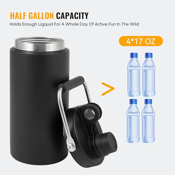 Kerilyn Insulated Half Gallon Jug with Handle, 64oz Stainless Steel, Large Double Vacuum Water Bottle for Hot & Cold Drinks, Wide Mouth, Sweat Proof, Great for Travel, Camping, Black