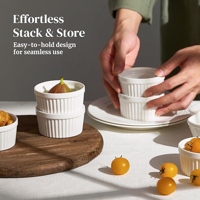 DOWAN Ramekins 4 oz Oven Safe for Creme Brulee Souffle, Porcelain Custard Cups Ramiken for Baking, Small Bowls Dipping Sauce Dish Classic Style, Set of 6, Soft White