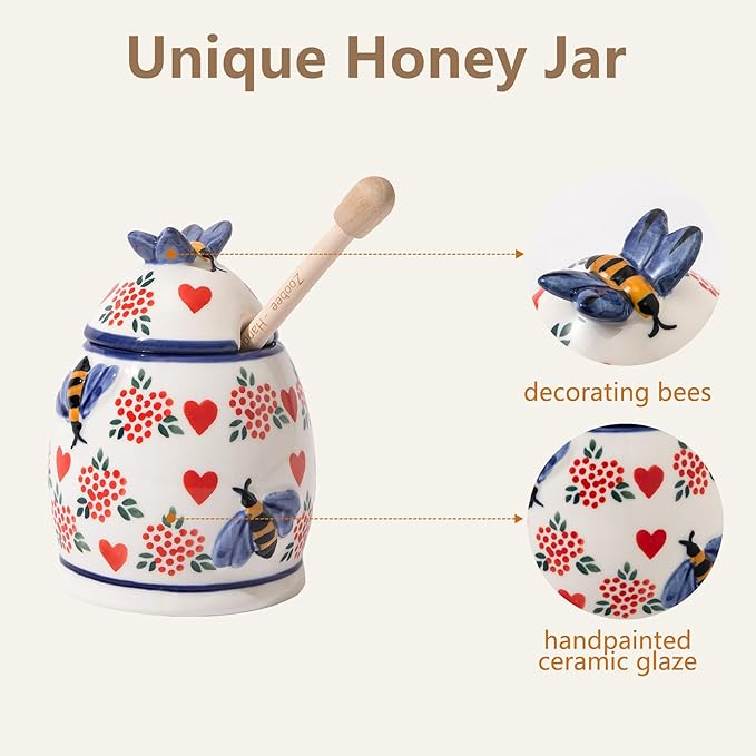 ZOOBEE Ceramic Honey Pot with Dipper and Lid, 10oz Microwave-safe Honey Container, Lead-Free Honey Dispenser for Kitchen-Crazy Love
