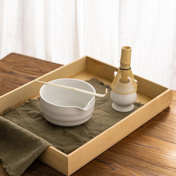 Matcha Whisk Set,Ceramic Matcha Set,with Ceramic Bowl,Bamboo Whisk&Holder,Scoop,Authentic Japanese Matcha,for Matcha Lovers,Gift for Family/Friend(Porcelain white)