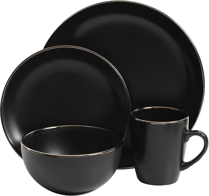Gibson Home Rockaway 16-Piece Round Stoneware Dinnerware Set, Service for 4 – Black with Gold Rim Plates and Bowls, Microwave & Dishwasher Safe