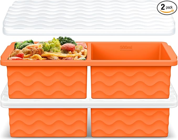 Aopigavi Silicone Freezer Tray with Lid – 2-Cup Soup Freezer Container Molds, Large Ice Cube Trays for Freezing Soup, Sauce & Broth, Meal Prep & Food Storage – Oven & Dishwasher Safe, 2-Pack