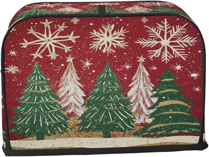 2 Slice Toaster Cover,Christmas Tree Snowflakes on Red Small Kitchen Appliance Bread Machine Cover with Pockets,Dust & Fingerprint Protection
