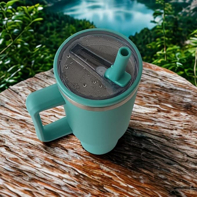 40oz Tumbler with Handle, Flip Straw, and Leak-Proof Lid – Stainless Steel Double Wall Insulated Travel Mug (Ocean Green)