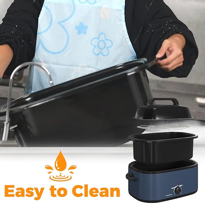 26 Quart Electric Roaster Oven with Visible & Self-Basting Lid, Large Turkey Roaster with Defrost Warm Function, Adjustable Temperature, Removable Pan Rack, Stainless Steel, Blue