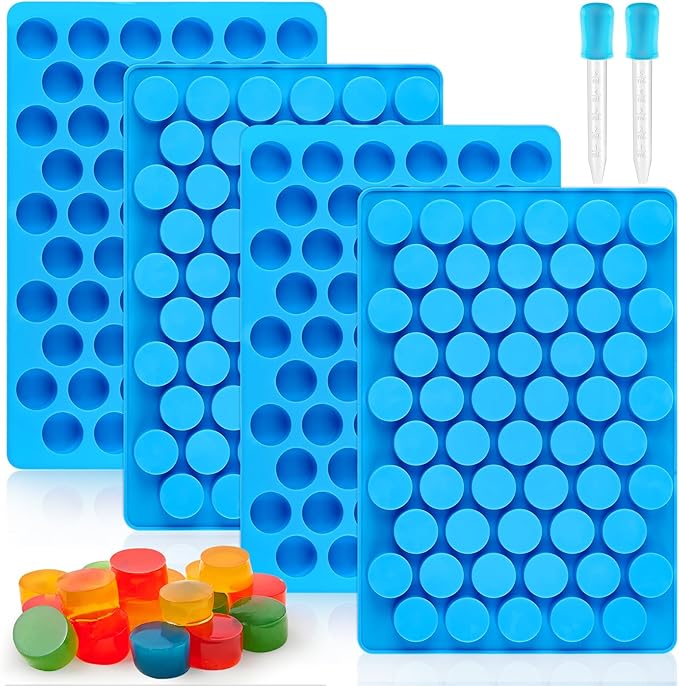 Puyeipt 4 PCS Silicone Gummy Candy Molds, 55 Cavities Non-Stick Round Molds for Small Hard Candies, Chocolates, Caramels, Jello, Fruit Snacks