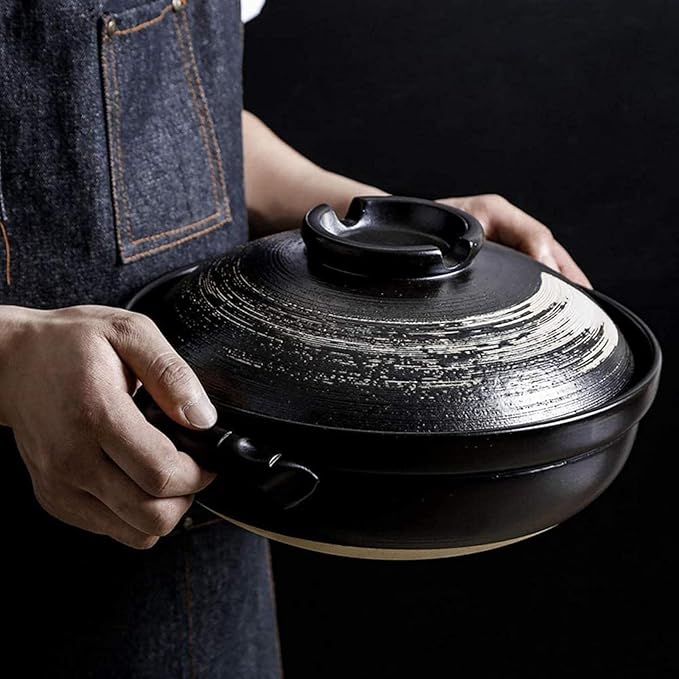 Round Casserole Dish Heat-Resistant Ceramic Casserole With Lid Soup Pot With Soup Pot Oil-Free Saucepan Japanese Donabe Hot Pot With Brushstroke Saucepan With Slow Stew W,B-1.7L