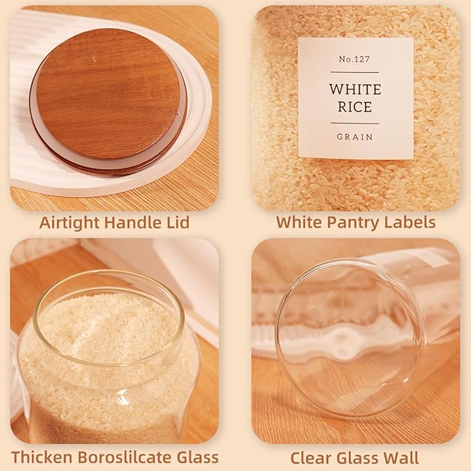 2 Pack Large Glass Flour and Sugar Containers with 132 Pantry Labels - 1 Gallon Glass Canisters with Bamboo Airtight Lids - Farmhouse Glass Cookie Jars for Rice, Pasta, Cereal, Bath Salt