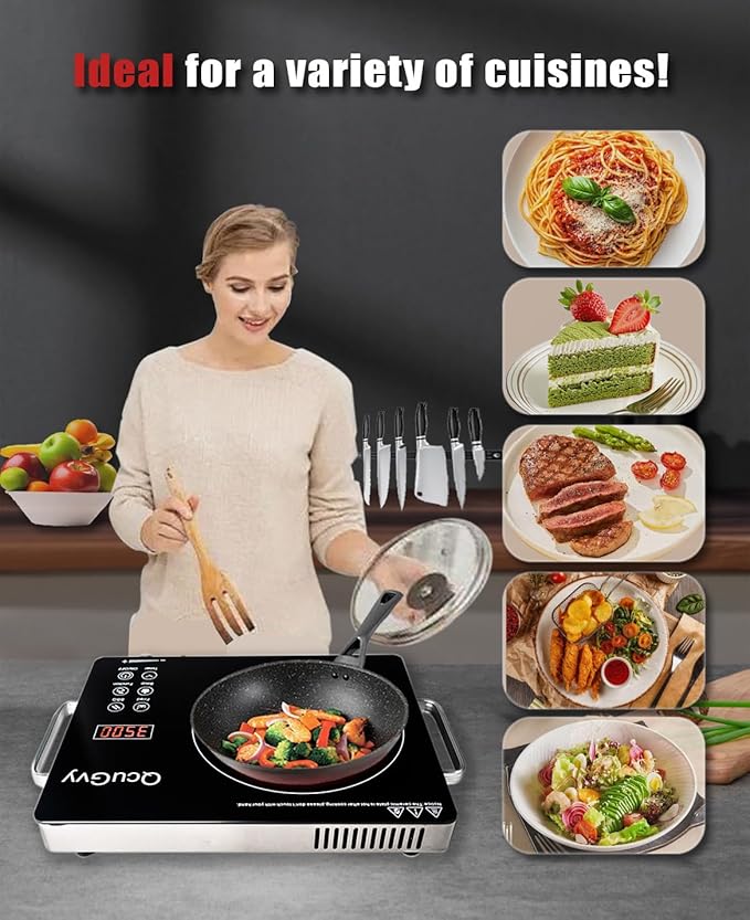 14" Portable Infrared Burner 3500 Electri Burner with 3 Hours Timer-Electric Hot Plate Touch Control Panel Adjustable Heating Power Glass Plate Electric Cooktop for Cooking (Black)