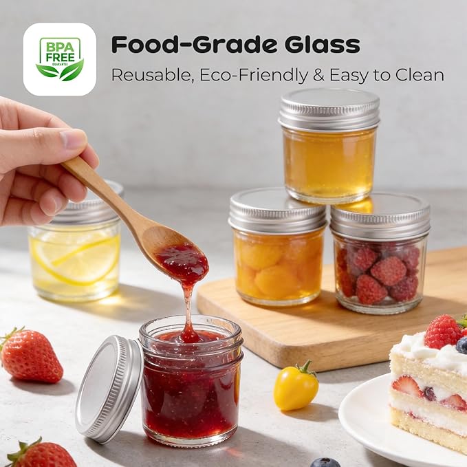6 Pack Mini Mason Jars 2 oz Glass Jars with Lids, Small Glass Jars for Jam Ginger Shots Honey Spices Wedding Favors, Includes Labels, String & Handmade Tags