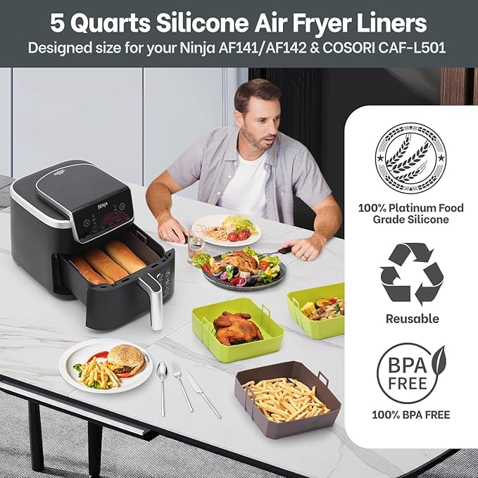 NEWITEE 5QT Air Fryer Silicone Liners for Ninja AF141/AF142 & COSORI CAF-L501, Square Reusable Air Fryer Liners with Handle, 2 Pack BPA Free Platinum Silicone Basket, Upgrade