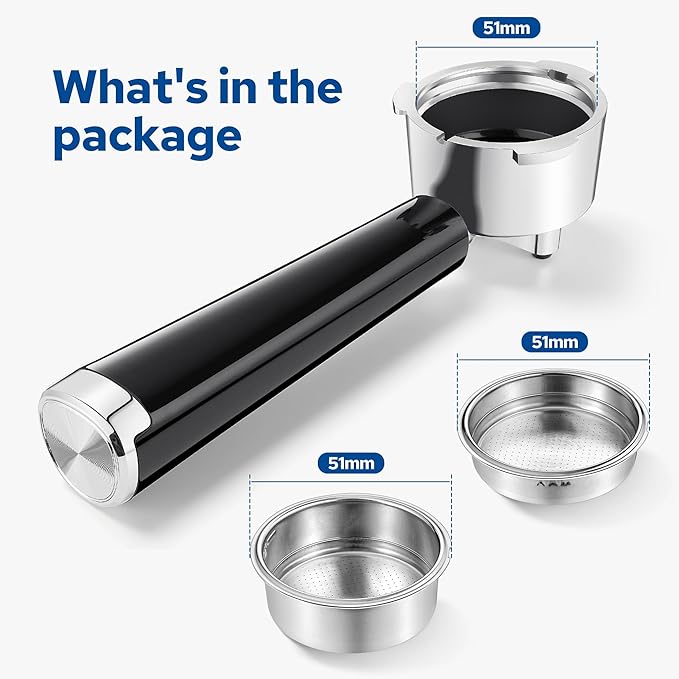51mm Portafilter Set for CASABREWS CM5418, 5418 PRO, 3700 Essential/3700Pro and Gevi Espresso Machines, 3 Ears Portafilter with 2 Stainless Steel Filter Baskets (1-Cup Filter and 2-Cups Filter)